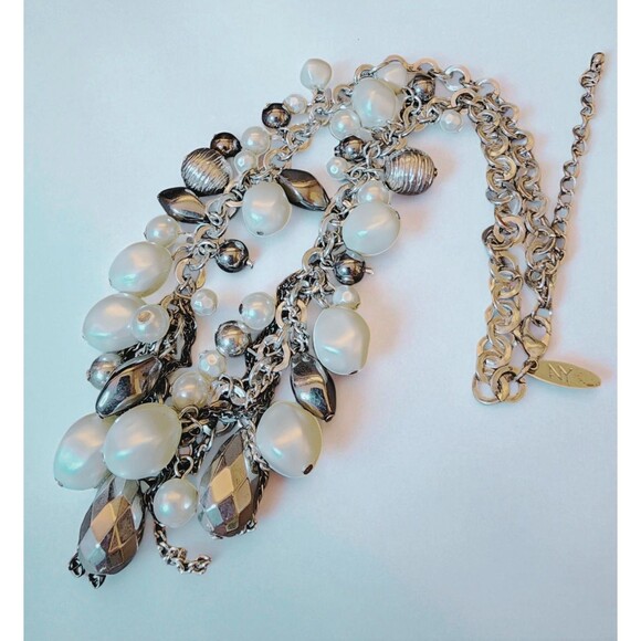 NY Designer Necklace Faux Pearls & Mixed Beads, Layered Dangle, 13” Drop - Picture 3 of 4